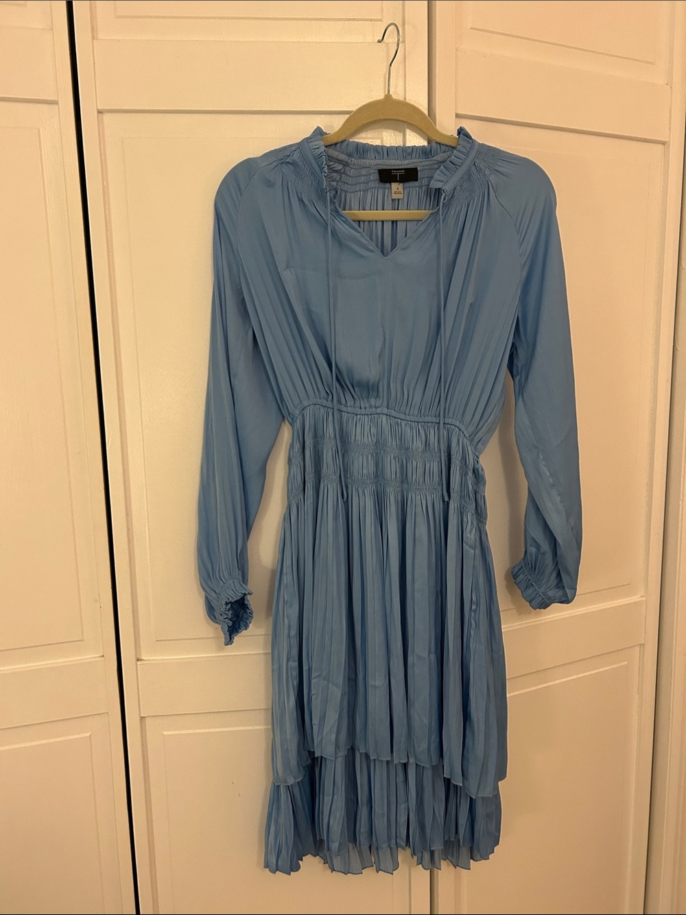 T Tahari Sky Blue Long Sleeve Smocked Pleated Midi Dress